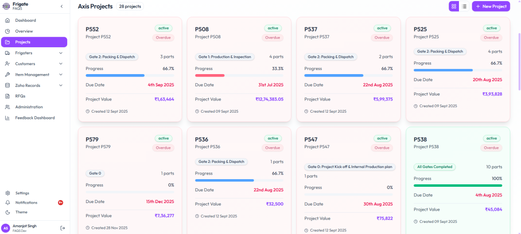 Frigate project dashboard showing manufacturing project cards, progress status, due dates, and project values